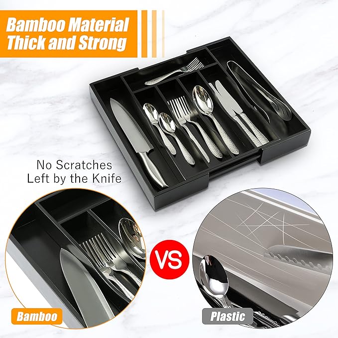 Bellsal Black Silverware Organizer Kitchen Drawer Organizer Expandable Bamboo Utensil Holder Cutlery Tray for Kitchen Utensil