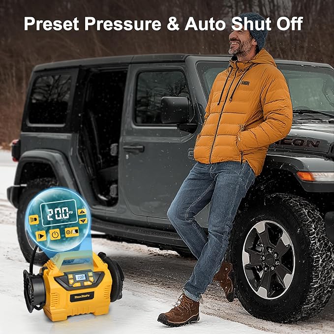 MaxMore Portable Tire Inflator/deflator Compatible with DeWalt 20V Battery (Tool Only),160 PSI High Pressure Cordless Air Compressor Pump, Digital Gauge, Auto Shut-Off, LED Light for Car, Bike, Balls