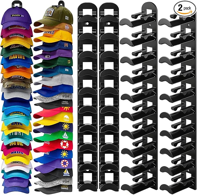 4 Pack Hat Organizer for Baseball Caps, Hat Rack for Wall Hold Up to 40 Hats, Hat Holder with Strong Adhesive and Screws,Cap 