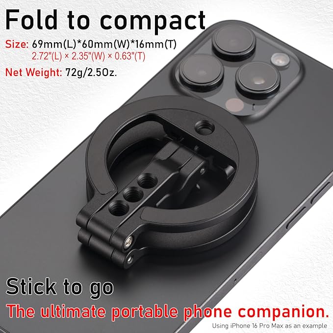 Dual Magnetic Ring Phone Mount - Foldable 360° Rotation CNC Aluminum Stand,1/4" Screw,Cold Shoe Interface, Hands-Free Holder for Live Streaming, Selfies & Multi-Device Use