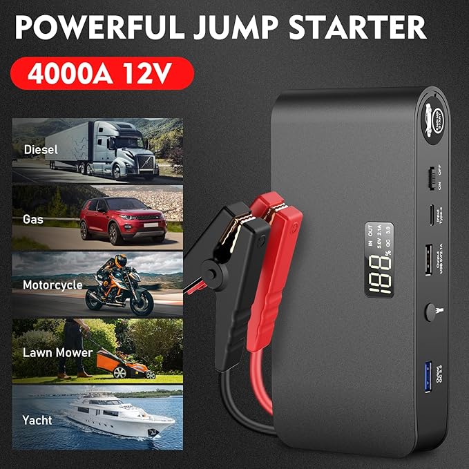 BOOKOO Car Battery Jump Starter 4000A,16000mAh Portable Battery Jumper Cables for Car 8L Gas 7L Diesel Engines,Jump Box with