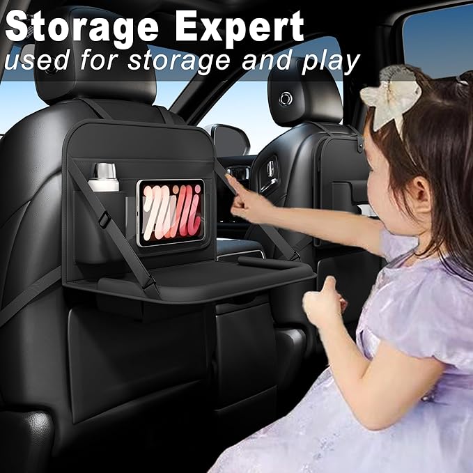 GMQ Backseat Car Organizer with Detachable Steering Wheel Tray 1 Pack,Car Back Seat Laptop Desk, Multifunctional Food Tray,Back Seat Car Storage & Tablet Holder for Kids (Black, 1PC)