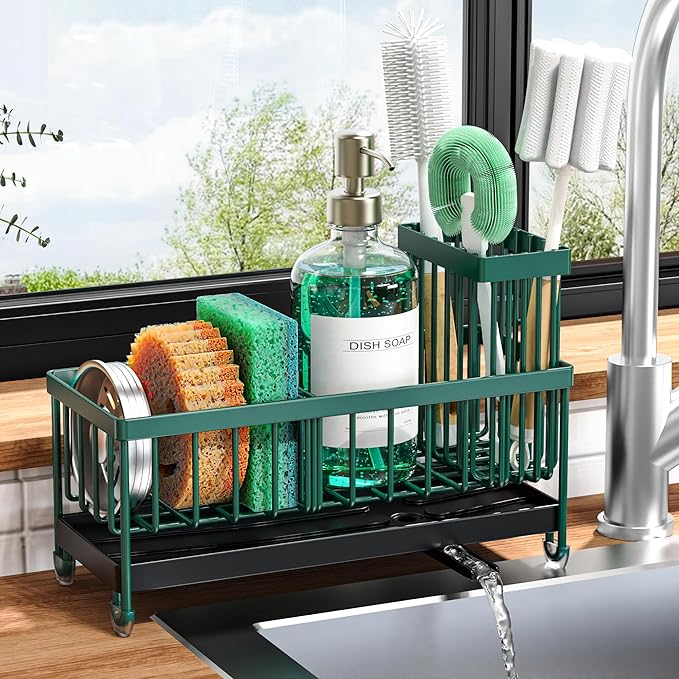Cisily Sponge Holder for Kitchen Sink, Sink Caddy Organizer with High Brush Holder, Kitchen Countertop Organizers and Storage