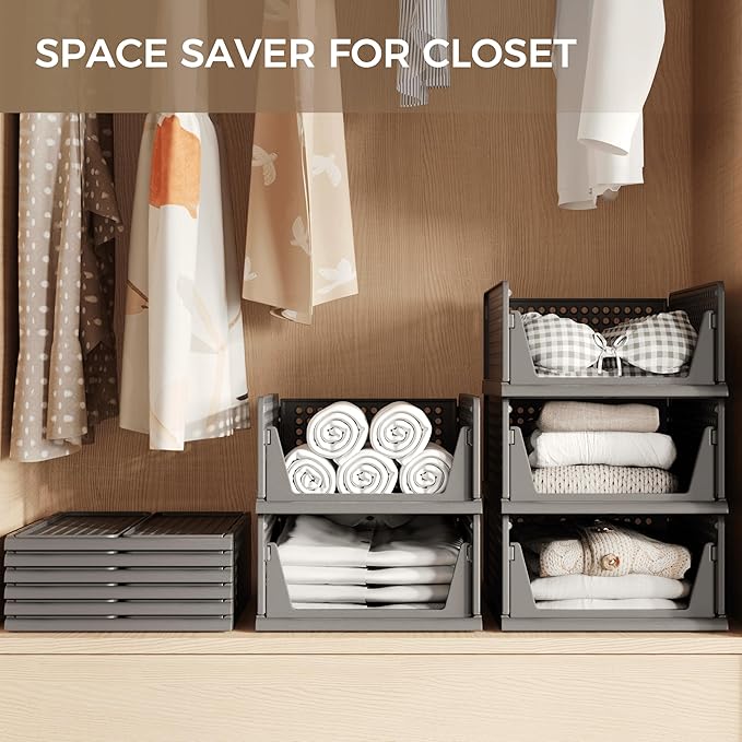 PinkPum 6 Pack Closet Organizers and Storage Plastic Stackable Storage Bins, Foldable Drawer Shelf Storage Container for Ward