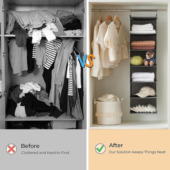 MAX Houser 6 Tier Shelf Hanging Closet Organizer, Closet Hanging Shelf with 2 Sturdy Hooks for Storage,2 Pack, Foldable (Grey