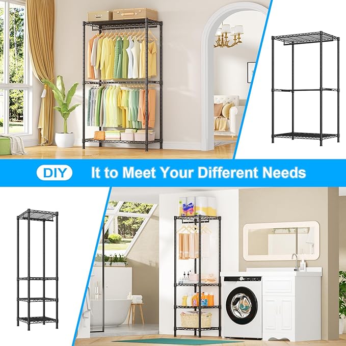 Ulif E10 Clothes Rack（With Stretchable Hanger Rod）Freestanding Clothing Racks for Hanging Clothes，Adjustable Closet Organizer
