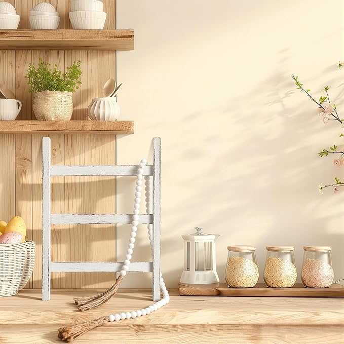 AceOrbit 2 Pcs 14'' Tea Towel Ladder with 3.3 ft Vintage Wood Bead Garland Small Decorative Ladder Hand Towel Stand Mini Blan