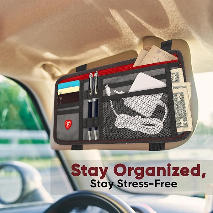 Firestone 1-Pack Car Sun Visor Organizer, Auto Visor Organizer & Car Storage Organizer | 8 Compartment Truck Visor Organizer with Holder & Slots for Sunglasses, License, Registration & More, Charcoal