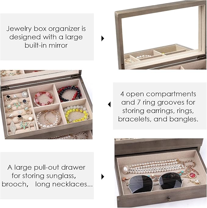 Meangood Jewelry Box Organizer for Women, 2 Layer Large Jewelry Storage Case, Rustic Wooden Jewelry Box with Mirror & Ring Tr