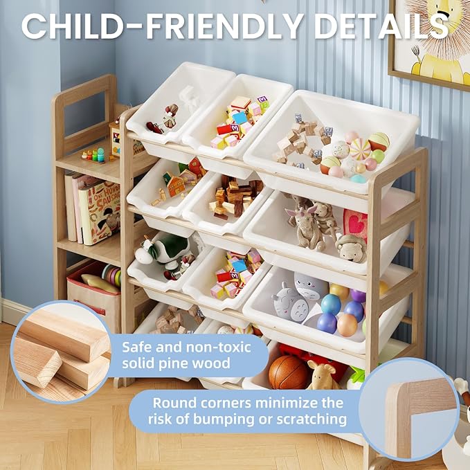 Toy Storage Organizer - Toy Organizers and Storage with Bookshelf, Toy Storage Shelf with 3 Shelves and 12 Storage Bins, Kids