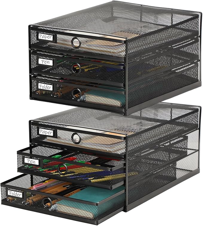Zhanmai 1 Pack Black Desk Organizer with Drawer Total Wire Mesh Storage Tray Multifunctional Paper Sorter File Stand for Home