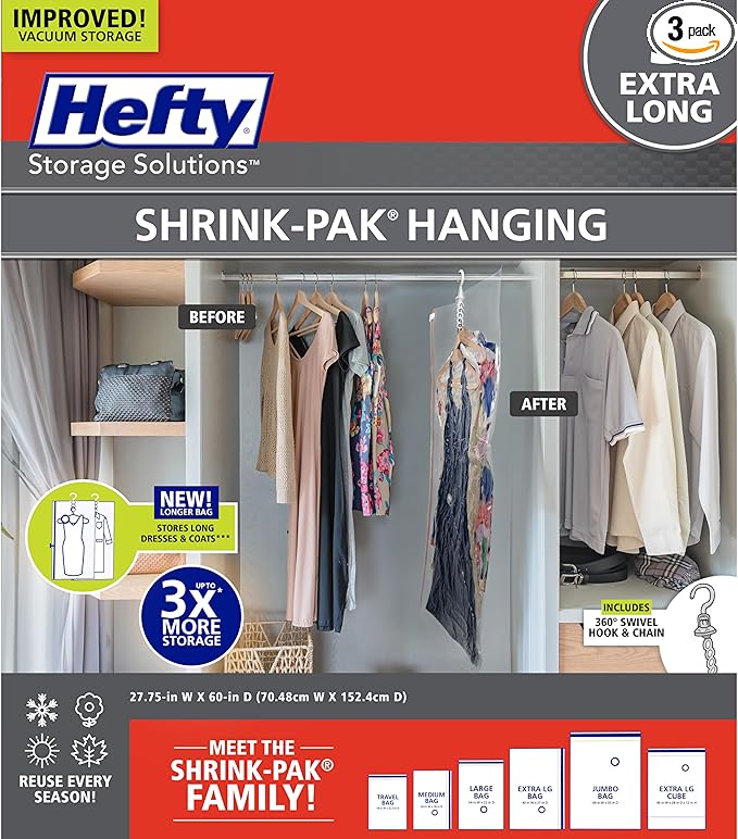 Hefty Hanging Compression Bags 3 Extra Long Vacuum Garment Storage Bags for Clothes, Travel, Closet Organization (60 X 27 Inc