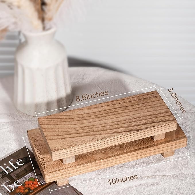 zoocatia Small Wood Tray Pedestal Stand Farmhouse Bathroom Decor Decorative Wooden Riser Kitchen Soap Dish Holder for Vanity,