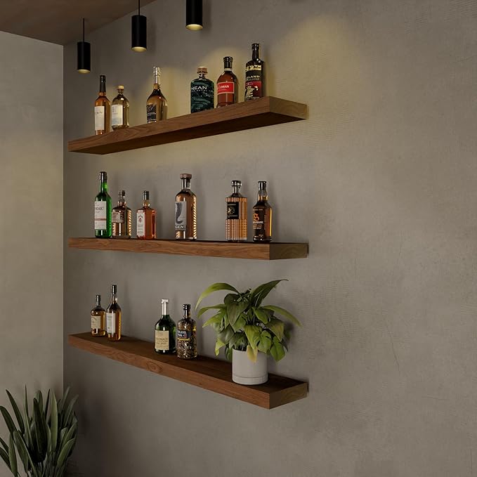 ROGMARS 36 Inches Long Walnut Floating Shelves,Rustic Solid Wood Farmhouse Wall Shelves with Invisible Brackets for Bathroom,