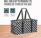 Extra Large Utility Tote Bag - Oversized Collapsible Reusable Wire Frame Rectangular Canvas Basket With Two Exterior Pockets For Beach, Pool, Laundry, Car Trunk, Storage - White Polka Dot