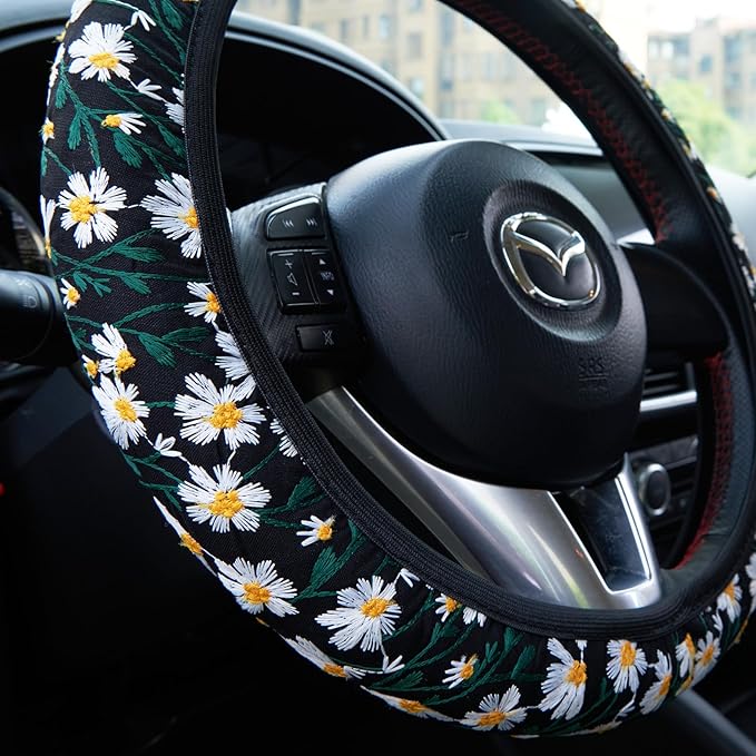 Embroidered Flowers Black Cute Daisy Steering Wheel Cover Auto Anti-Slip Breathable Steering Wheel Protector,Floral Car Accessories for Women,Universal Size Fit Most Cars -15 inch