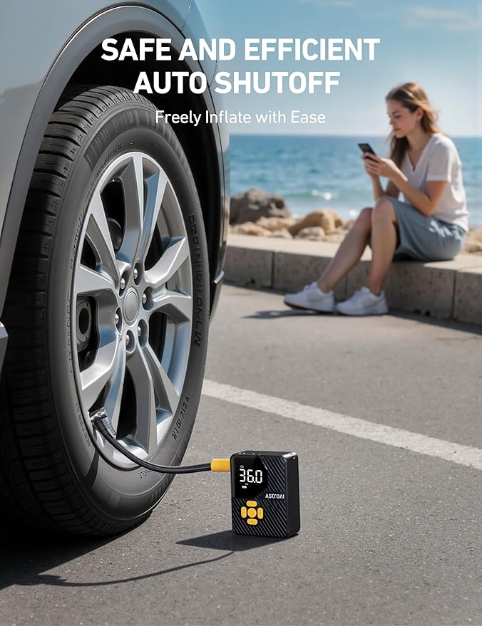 AstroAI L7 Mini Tire Inflator Portable Air Compressor,150 PSI Cordless Car Tires Air Pump with LED Lights&Pressure Gauge,Auto Shut-Off - Tire Pump for Auto,Motorcycle, Bicycle, Ball Yellow