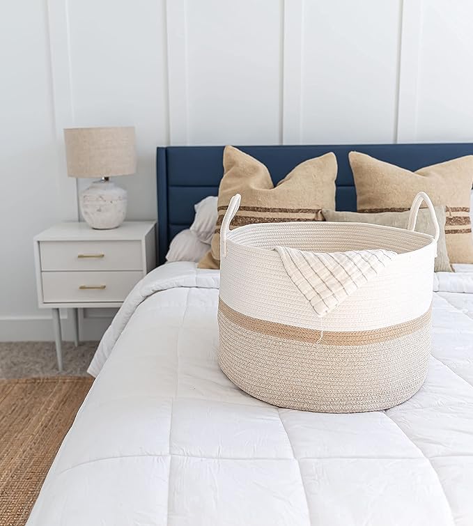 OrganiHaus Large Woven Storage Basket for Blankets and Toys 20" x 13" Inch, Rope Laundry Basket with Handles, Cushions & Pill