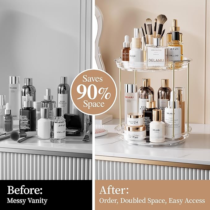 Delamu Rotating Makeup Organizer for Vanity, 2 Tier Skincare Organizer for Bathroom Counter, Spinning Perfume Organizer Cosme