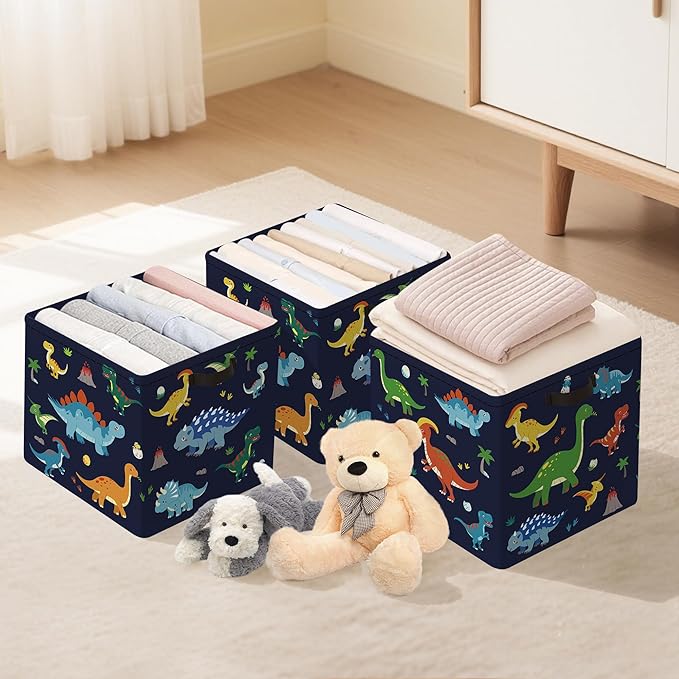 Clastyle 3 pcs Dinosaur Cube Storage Unit Bin with Metal Frame Volcano Kallax Box for Shelves Parents Closet Organizer Basket