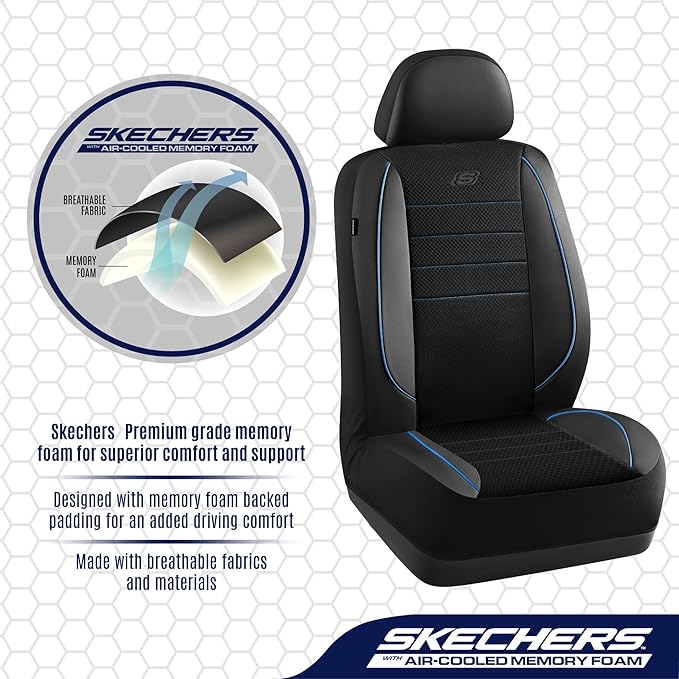 Skechers Air-Cooled Memory Foam Seat Covers,Mesh Thick Car Seat Covers,Piping Leather Car Seat Cover,Airbag Compatible,Automo