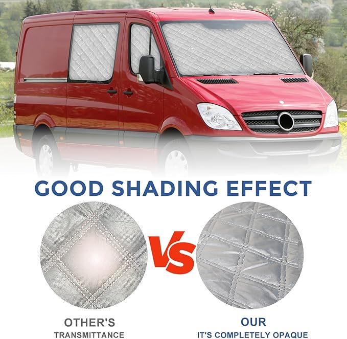 Mercedes Sprinter Sun Shade 7-Piece Set 2006-2019 | Full Cabin Thermal Insulation Kit for LWB Vans | UV Blocker + Privacy Covers (Front/Rear/Side Windows)