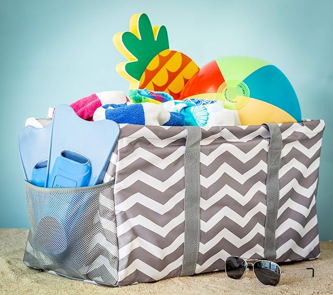 Extra Large Utility Tote Bag - Oversized Collapsible Reusable Wire Frame Rectangular Canvas Basket With Two Exterior Pockets For Beach, Pool, Laundry, Car Trunk, Storage - Chevron Gray