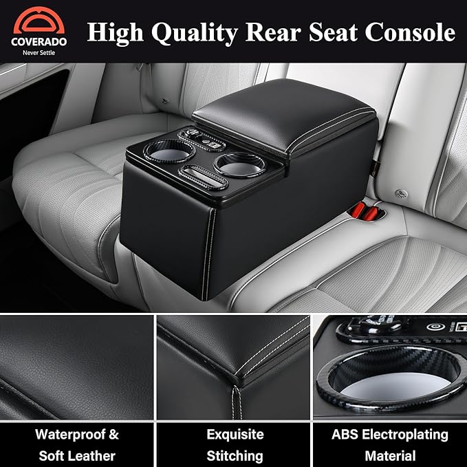 Coverado Car Center Console, Universal Rear Bench Seat Console, Back Seat Car Organizer, Automotive Center Console with Cup Holder & Phone Holder, Central Armrest Box (Update, Black)