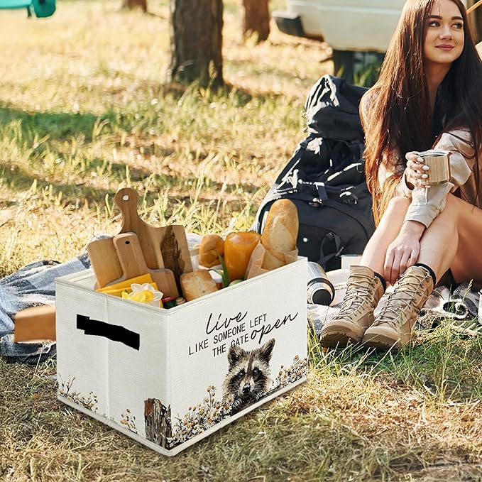 Rustic Raccoon Storage Bins & Boxes with Handles, Farmhouse Raccoon Foldable Basket for Organizing, Live Like Someone Left th