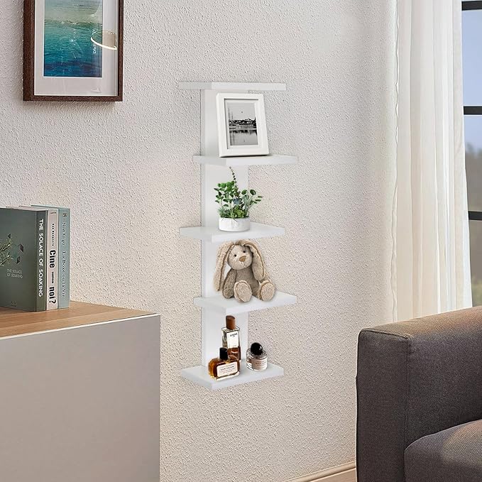 5 Tier Wall Shelf Unit-White Floating Shelves for Home Decor, Modern Unique Asymmetric Design for Bedroom & Living Room Stora