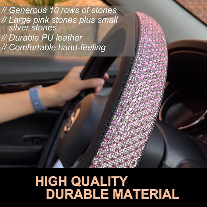 PINCTROT D Shaped Bling Comfy Steering Wheel Cover with Jumbo Crystal Rhinestones, Anti-Slip Diamond Leather, Flat Bottom 14.5-15 Inch (Pink)