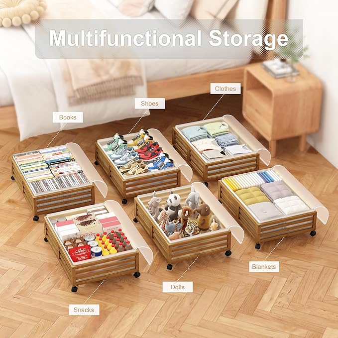 Under Bed Storage Containers With Wheels - 2 Pcs Bamboo Wood Rolling Underbed Shoe Storage Bins With Dust Bags for Clothes Bl