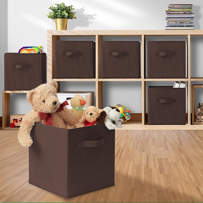 Casafield Set of 6 Collapsible Fabric Cube Storage Bins, Brown - 11" Foldable Cloth Baskets for Shelves, Cubby Organizers & M