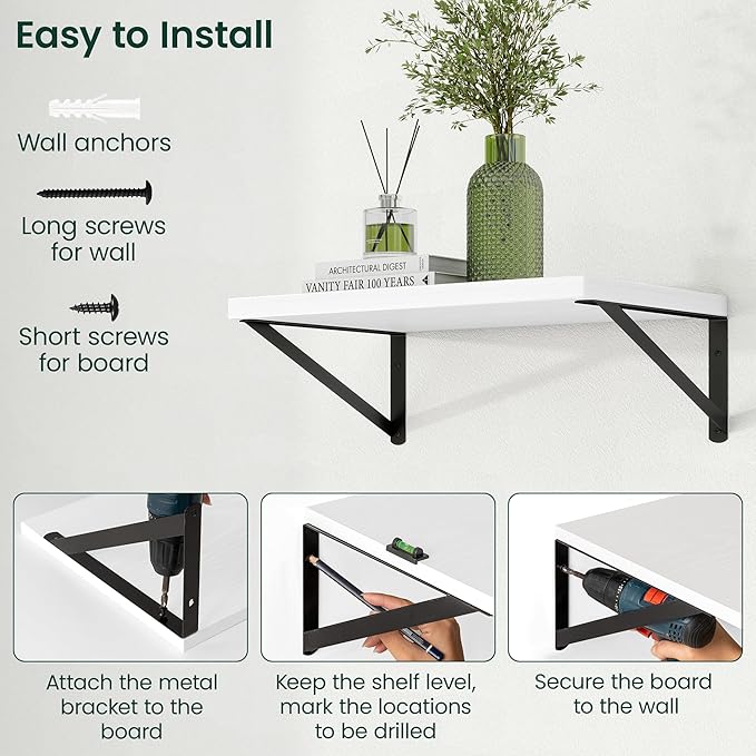 Floating Shelves, 12 Inch Deep Rustic Wood Wall Storage, 16W x 12D Wall Shelves Set of 2, Heavy Duty Metal Brackets, Large In