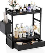 2-Tier Wood Bathroom Counter Organizer, Countertop Organizer with Drawer and Storage Basket, Bathroom Sink Organizer for Vani