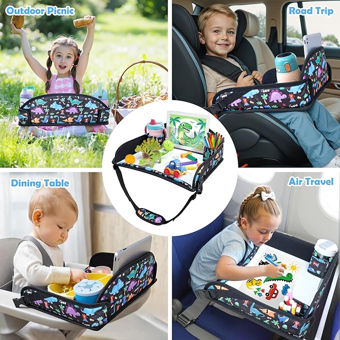 2Pcs Kids Travel Tray for Toddler Carseat, Road Trip Activities Essentials for Toddler, Kids Lap Desk Tray with Tablet Holder Stand ＆ Dry Erase Board (Dinosaur-2Pcs)