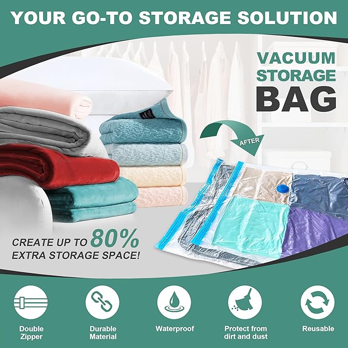 WTREE 20 Pack Vacuum Storage Bags, Space Saver Bags, Vacuum Sealed Bags for Comforters, Blankets, Clothes Storage, Hand Pump 