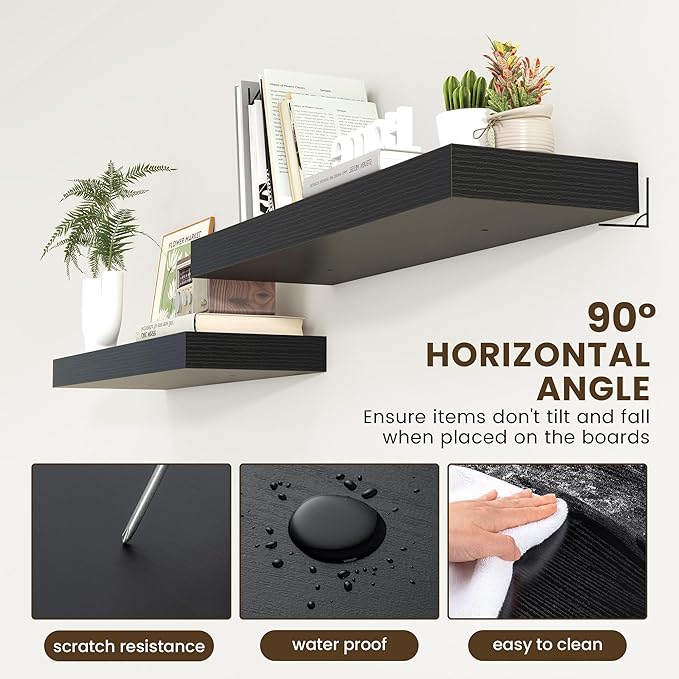 12 Inch Deep Floating Shelves | 36 Inch Black Floating Shelves | 36" W x 12" D Rustic Wood Shelves for Wall | Deep Black Shel