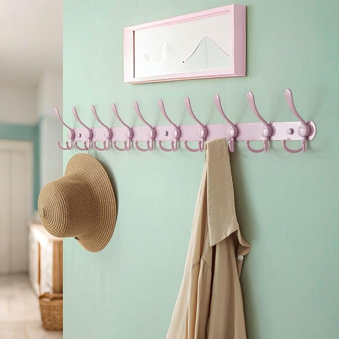 Dseap Coat Rack Wall Mount - 38” Long 10-Tri-Hooks Heavy Duty Coat Hanger Rail Wall Hooks for Hanging Coats Hats Clothing Clo