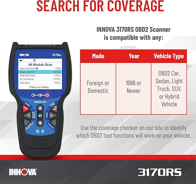 INNOVA 3170RS OBD1 & OBD2 Scanner, ABS Bleeder Scan Tool, OBD2 Diagnostic, Caliper Service, Brake Pad Life, Read/Erase ABS/SRS