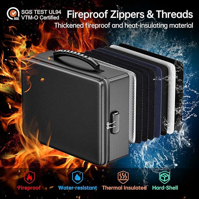 ENGPOW Fireproof Document Box, Hard Case File Box with Fireproof Zipper＆Lock, 6400°F Heat Insulated Fire and Water Resistant 