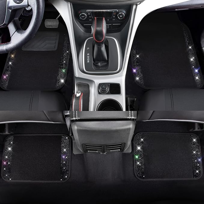 CAR PASS 23 PCS Bling Diamond Car Accessories Set for Women, Leather Seat Covers Full Set Floor Mats Steering Wheel Cover, Coasters Seat Belt Covers Phone Holder Universal Fit Car SUV Truck Van Black