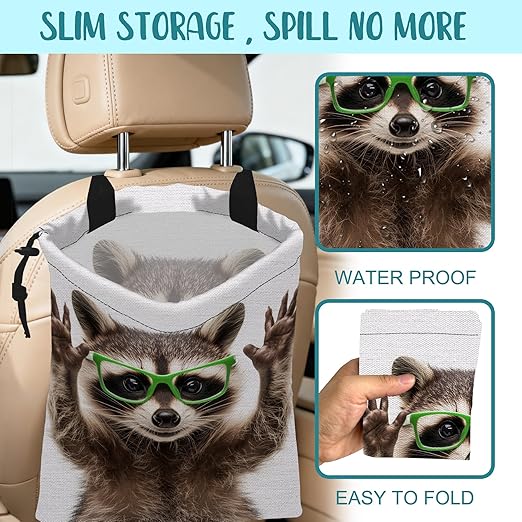 Car Garbage Bag Cute Raccoon Wear Green Glasses Drawstring Car Trash Bag Hanging for Back Seat with Adjustable Buckle Canvas Vehicle Trash Can Easy-to-Install
