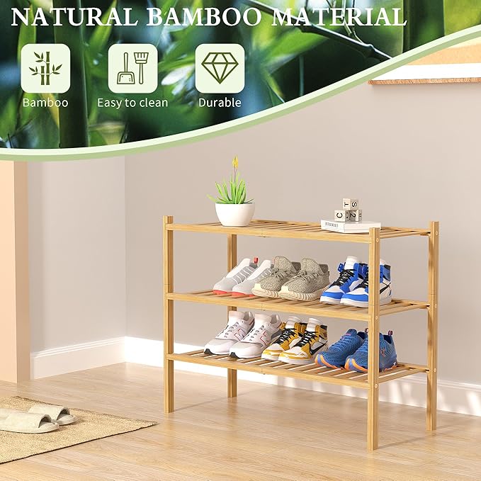 ROMGUAR CRAFT 3 Tier Bamboo Shoe Rack for Closet Free Standing Wood Shoe Shelf Storage Organizer for Entryway Small Space Sta
