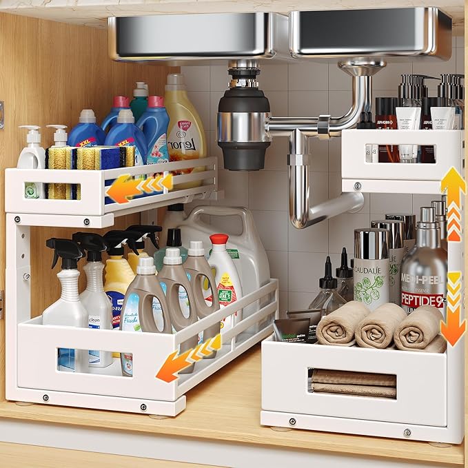 2-Pack 17"Deep Under Sink Organizer And Storage, 2-Tier L-Shaped Pull Out Cabinet Organizer with Upgraded Slide Rails, Height