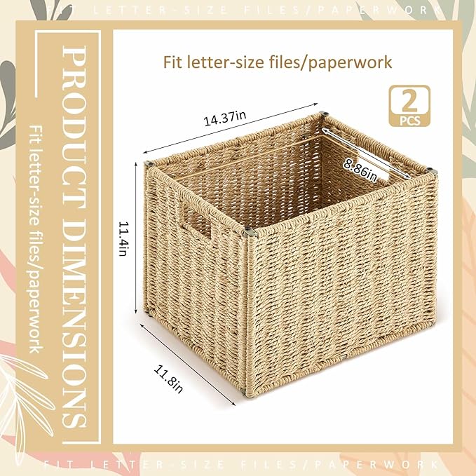 Jingmore 2 Pack Paper Rope Hanging File Box, Letter Size Document Filing Boxes, Woven Decorative Storage Box, Hanging File Ba
