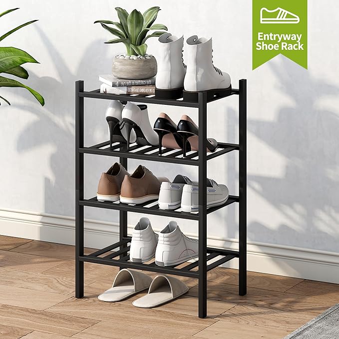 BMOSU 4-Tier Bamboo Small Shoe Rack Premium Stackable Shoe Shelf Storage Organizer for Hallway Closet Living Room Entryway Or