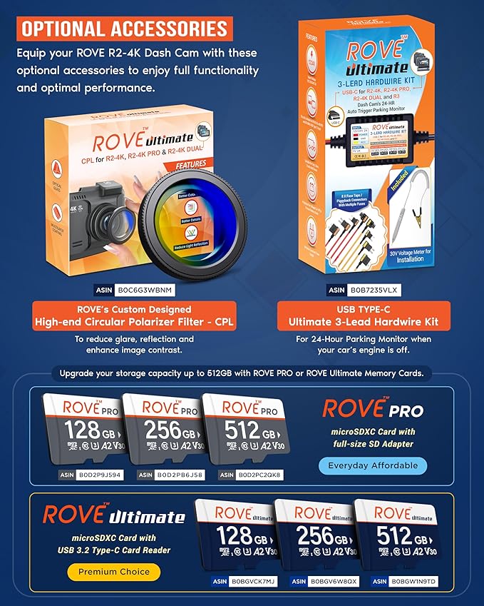ROVE R2-4K Dash Cam Built-in WiFi 6 GPS Car Dashboard Camera Recorder with UHD 2160P, 2.4" IPS Screen, 150° Wide Angle, WDR, 