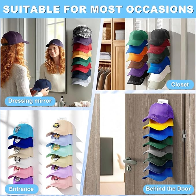 Eiito Hat Organizer for Baseball Caps, 2 Pack Strong Adhesive Hat Rack for Wall, Multilayer Hat Storage Display Holder, Wall 