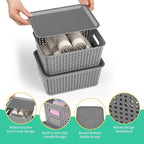8-Pack Grey Plastic Storage Baskets with Lids, Label Organizers, Stackable Organizer Containers: For Organizing Shelves, Draw